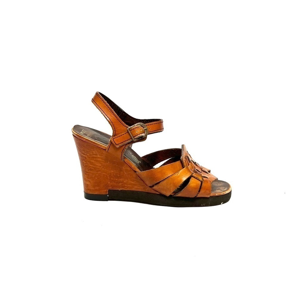 Vintage 1970s brown leather open toe woven strappy disco wedge heels